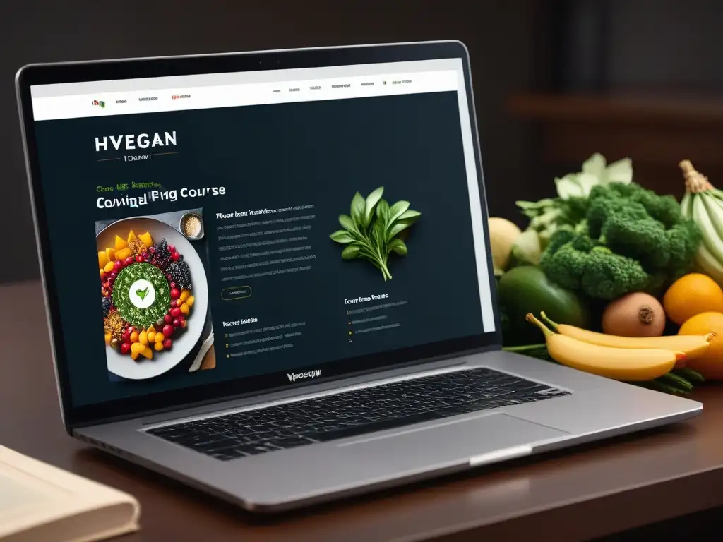 Interfaz moderna de cursos online cocina vegana salud con ingredientes vibrantes y módulos interactivos