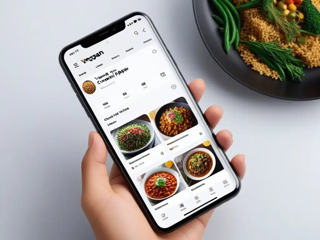 Interfaz de aplicación vegana para cocina gourmet con recetas coloridas y detalladas en smartphone moderno