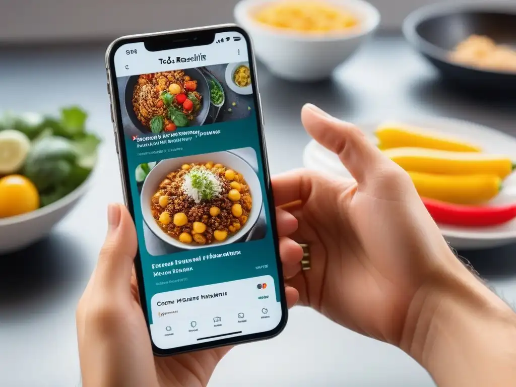 Interfaz vibrante de app de recetas veganas rápidas y fáciles en smartphone moderno en cocina minimalista