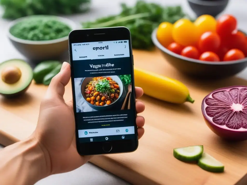 Interfaz de aplicación vibrante de recetas veganas en un smartphone elegante en una cocina moderna