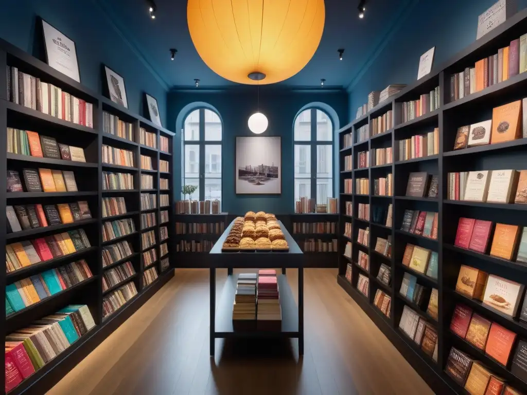 Interior de librería moderna con libros repostería vegana recomendados, iluminación suave y ambiente sofisticado