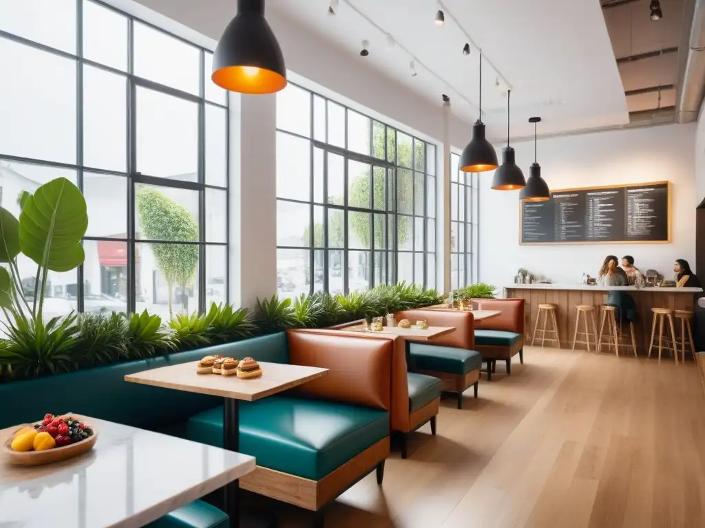 Interior moderno de café vegano con delicias como tostadas de aguacate y bowls de smoothie, en un ambiente acogedor y elegante