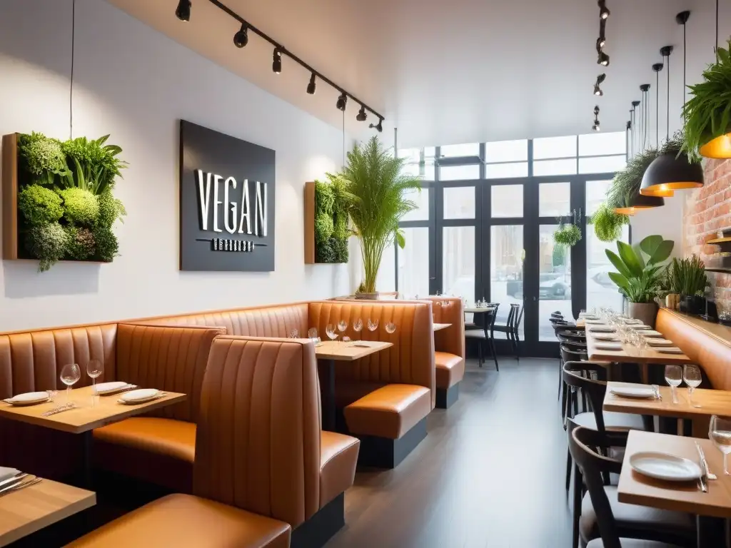 Interior moderno y vibrante de restaurante vegano con clientes felices