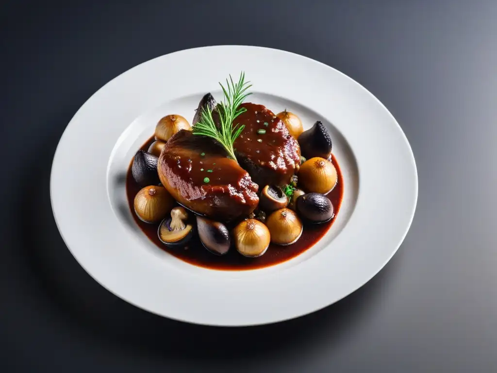 Una interpretación vegana de un exquisito Coq au Vin francés en un elegante escenario, destacando sus ricos sabores y colores