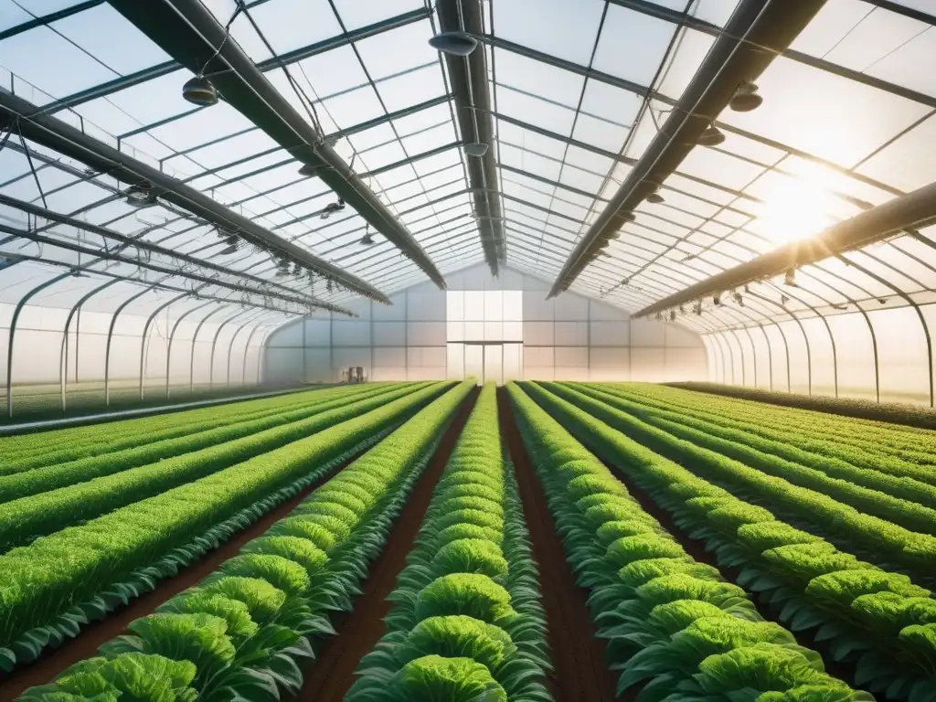 Un invernadero futurista con cultivos verdes y robots, simbolizando la dieta vegana y sostenibilidad agrícola