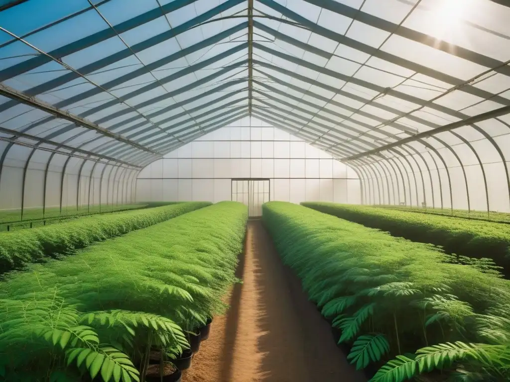 Un invernadero futurista lleno de árboles de moringa vibrantes, bañados en luz natural, mostrando la armonía entre naturaleza y tecnología