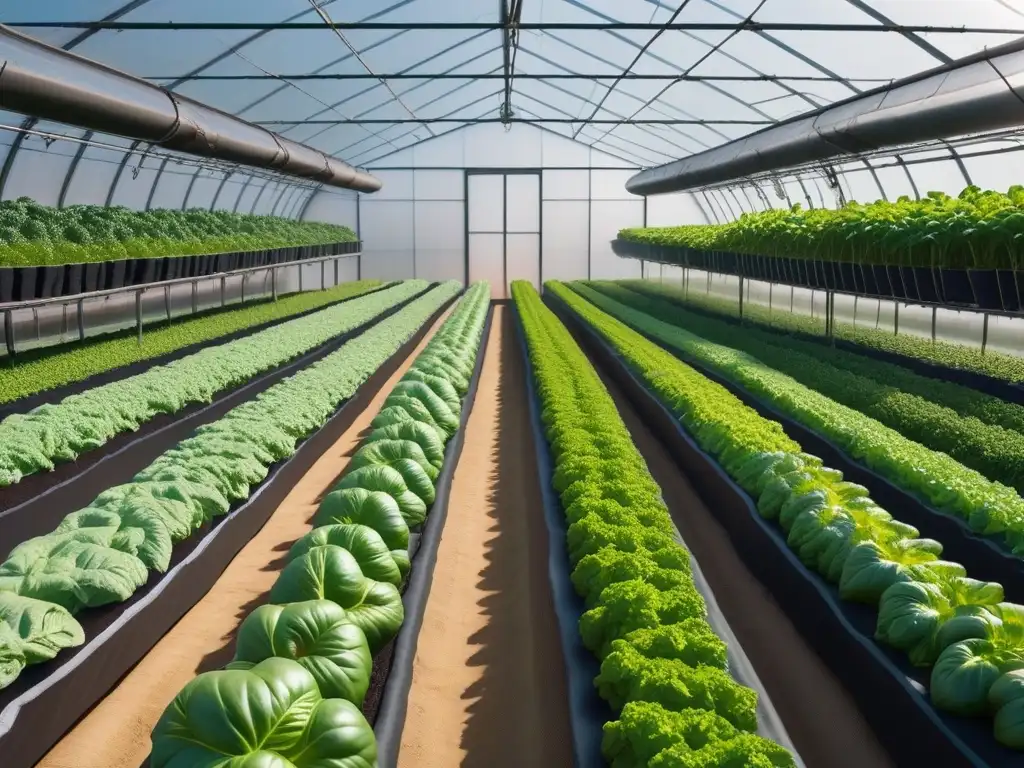 Un invernadero futurista con vegetales vibrantes, innovaciones en agricultura sostenible para cocina vegana