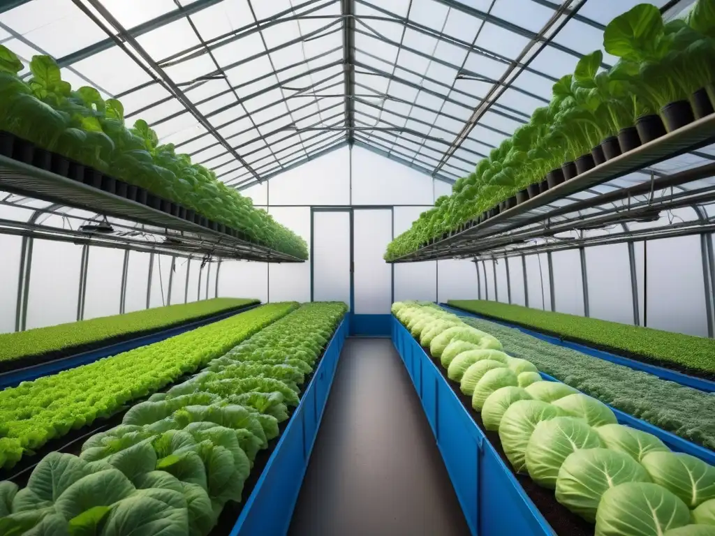 Un invernadero moderno con verduras coloridas en un sistema hidropónico, innovaciones agricultura sostenible cocina vegana