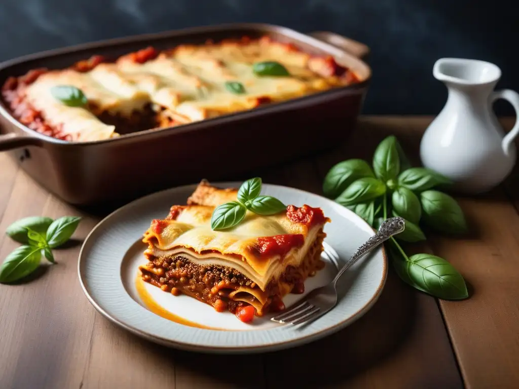 Un irresistible y detallado plato de lasaña vegana dorada, con verduras vibrantes, salsa de tomate y queso sin lácteos, en una mesa rústica