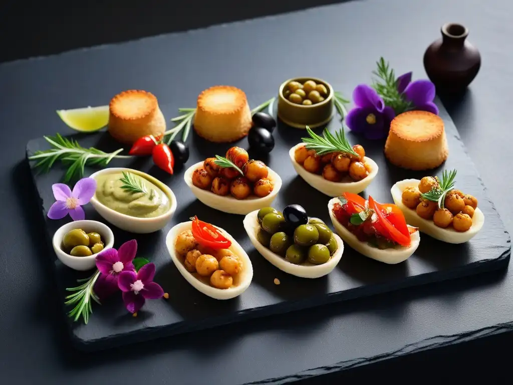 Una irresistible selección de tapas veganas para compartir, coloridas y apetitosas en una tabla de pizarra