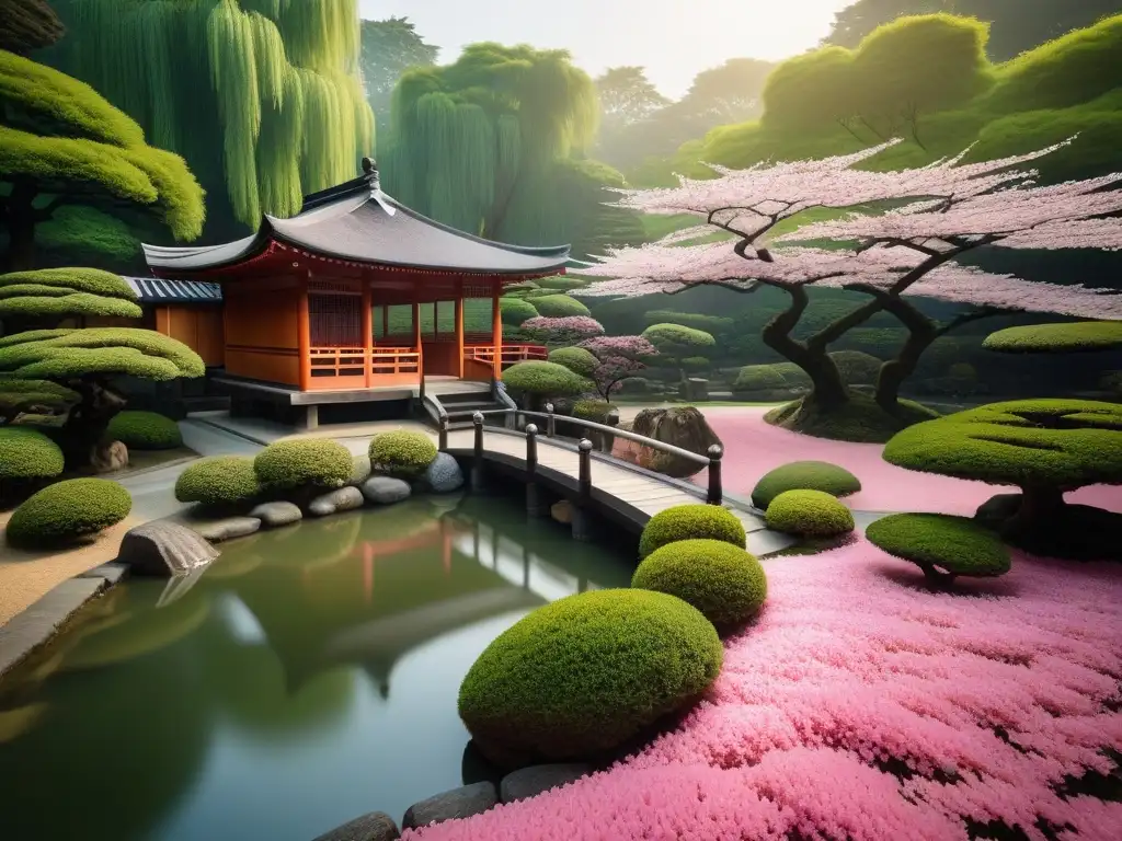 Un jardín japonés sereno con casa de té de madera entre la exuberante vegetación, cerezos en flor y peces koi