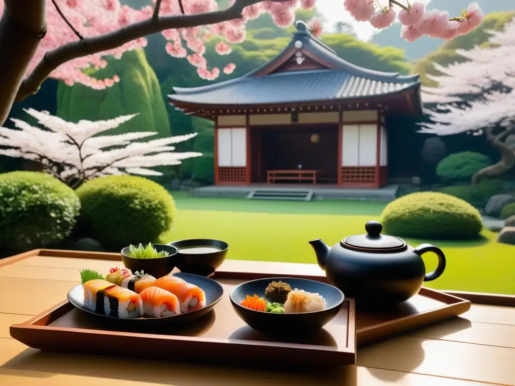 Un jardín japonés sereno con casa de té tradicional y deliciosa cocina vegana japonesa auténtica