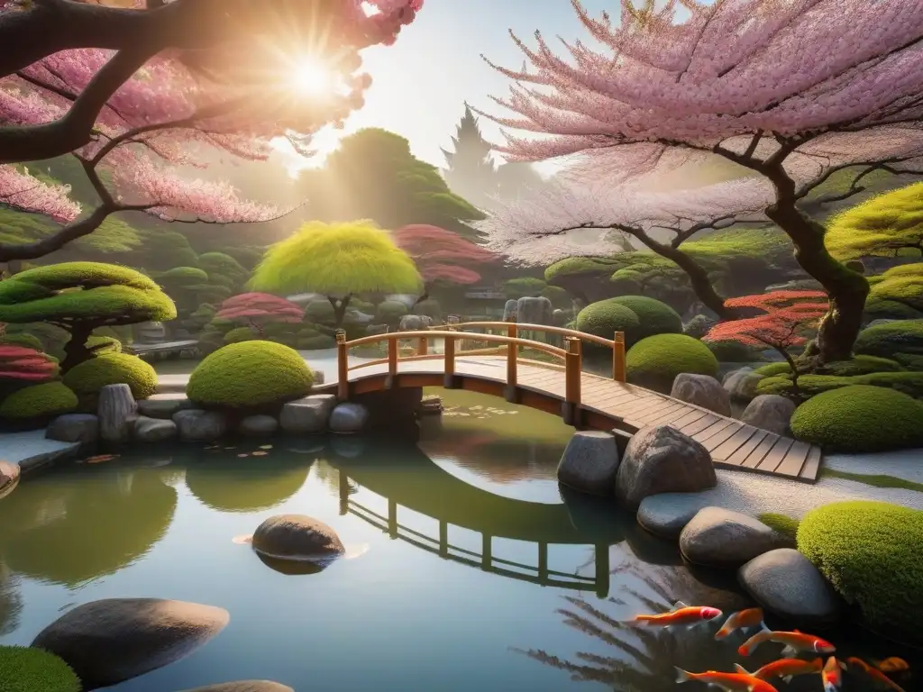 Un jardín japonés sereno con un puente de madera tradicional sobre un estanque lleno de peces koi coloridos