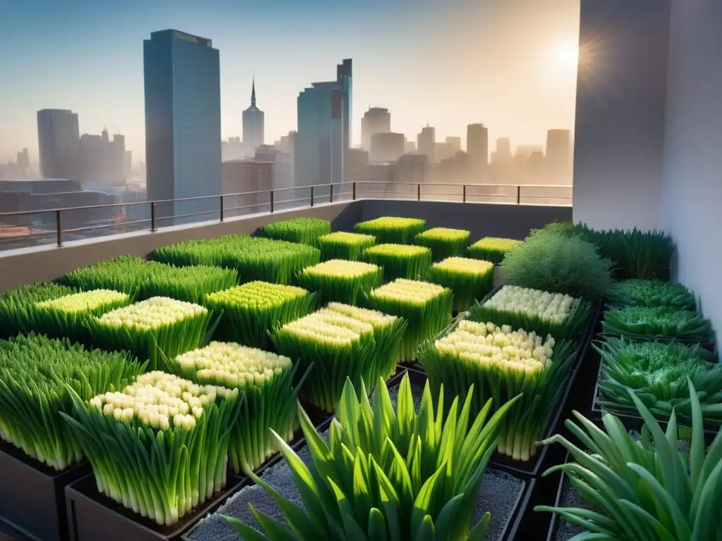 Un jardín urbano en un balcón con cebollas de verdeo vibrantes en macetas modernas