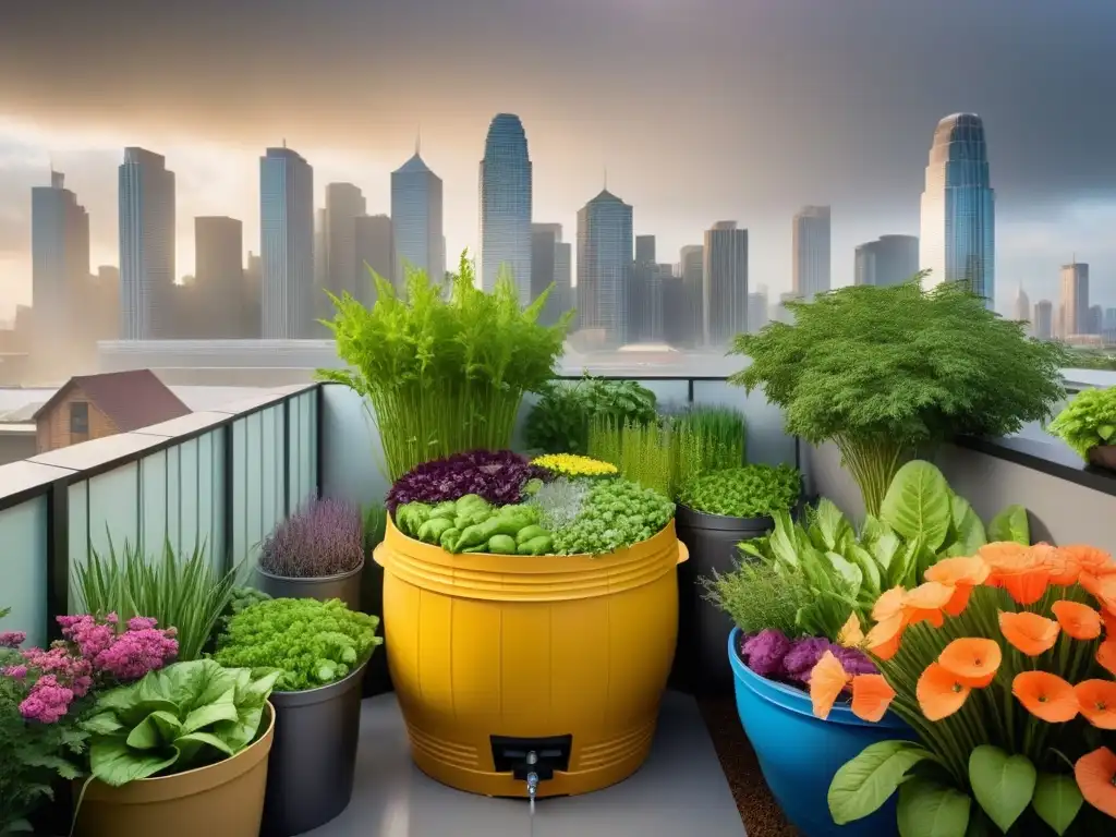 Un jardín urbano diverso florece bajo el agua de lluvia, destacando los Beneficios del agua de lluvia