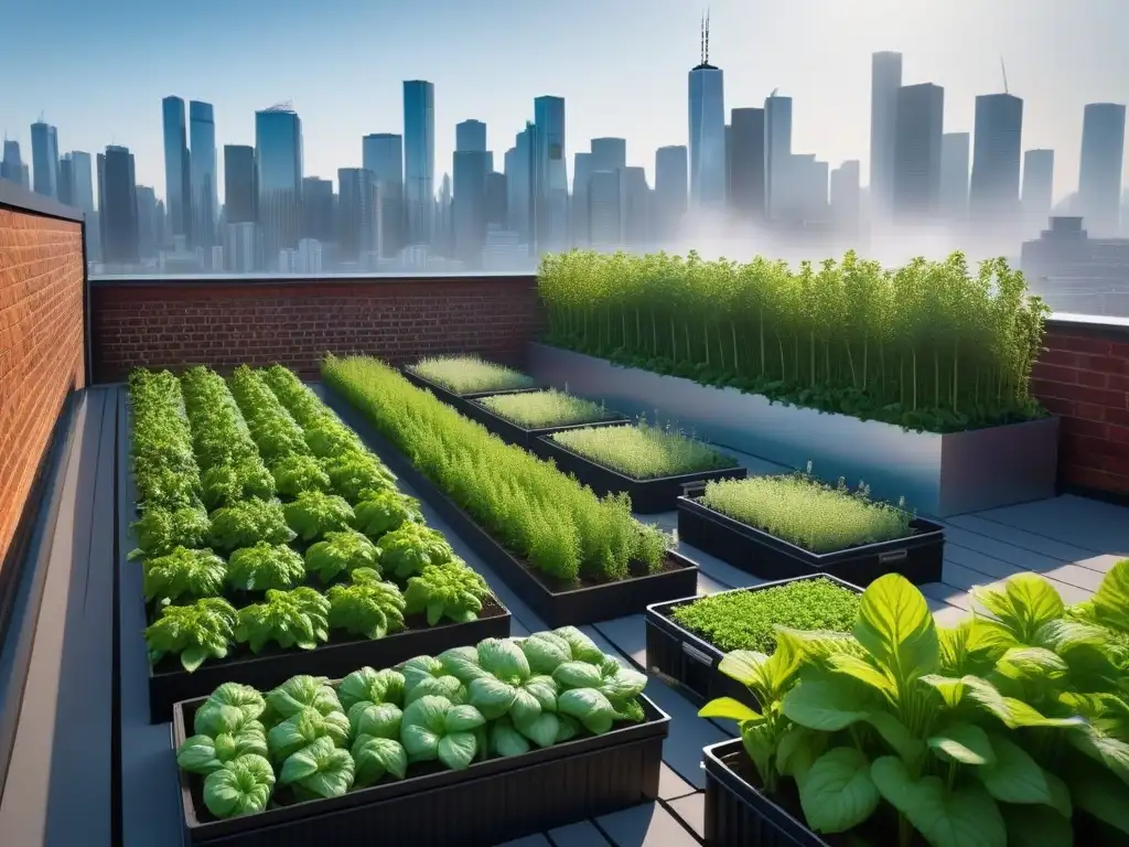 Un jardín urbano lleno de plantas verdes en macetas, ideal para cultivar cocina vegana en casa