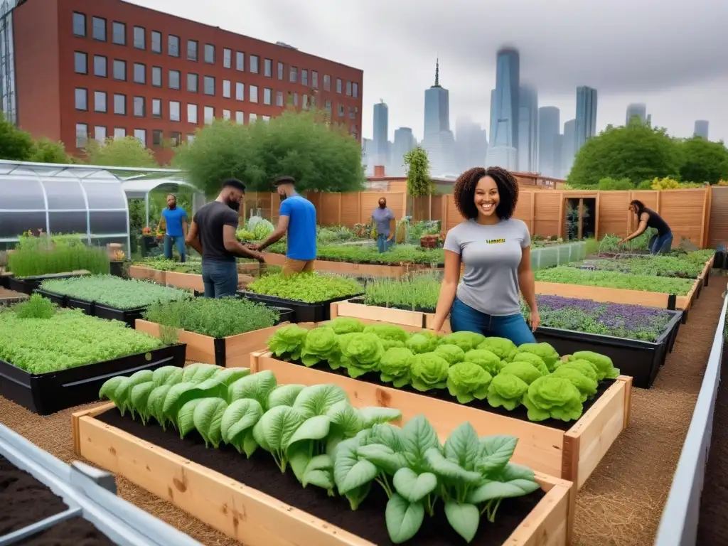 Un jardín urbano vegano floreciendo, con personas felices cuidando plantas y verduras, promoviendo experiencias de cambio hacia veganismo