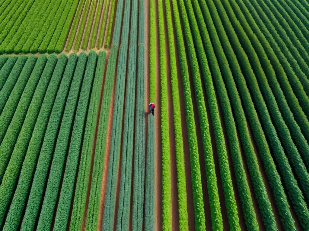 Un jardín vegano exuberante con cultivos alineados y árboles altos bajo un cielo claro