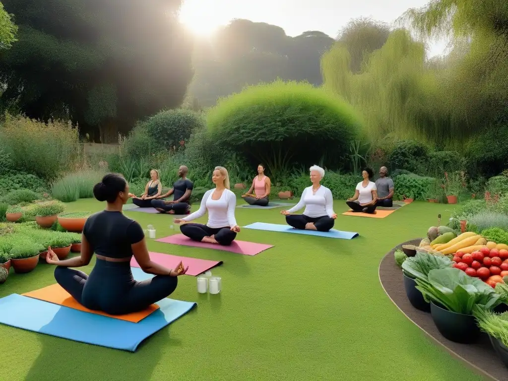 Un jardín vegano rebosante de bienestar: personas de todas las edades disfrutan de actividades saludables