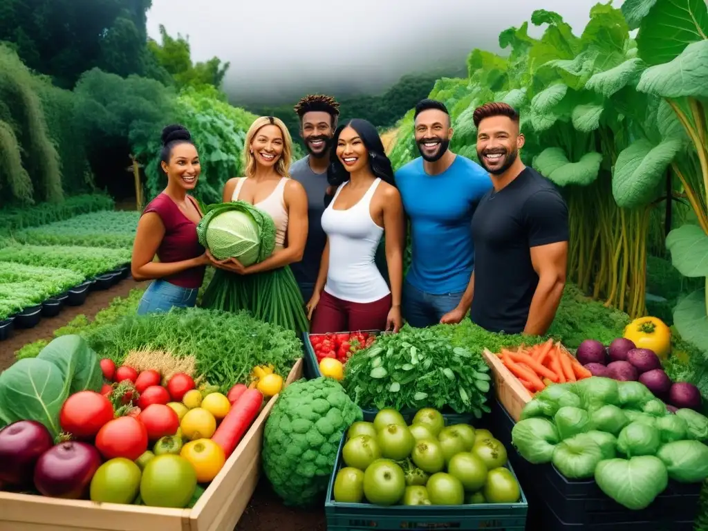 Un jardín vegano rebosante de diversidad, donde personas de distintas culturas cosechan frutas y verduras