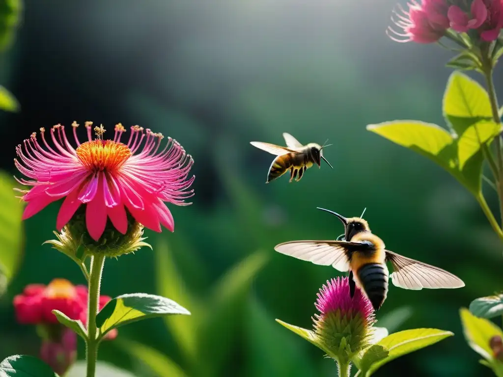 Un jardín vegano rebosante de vida con coloridas flores y frutas, abejas, mariposas y colibríes polinizando