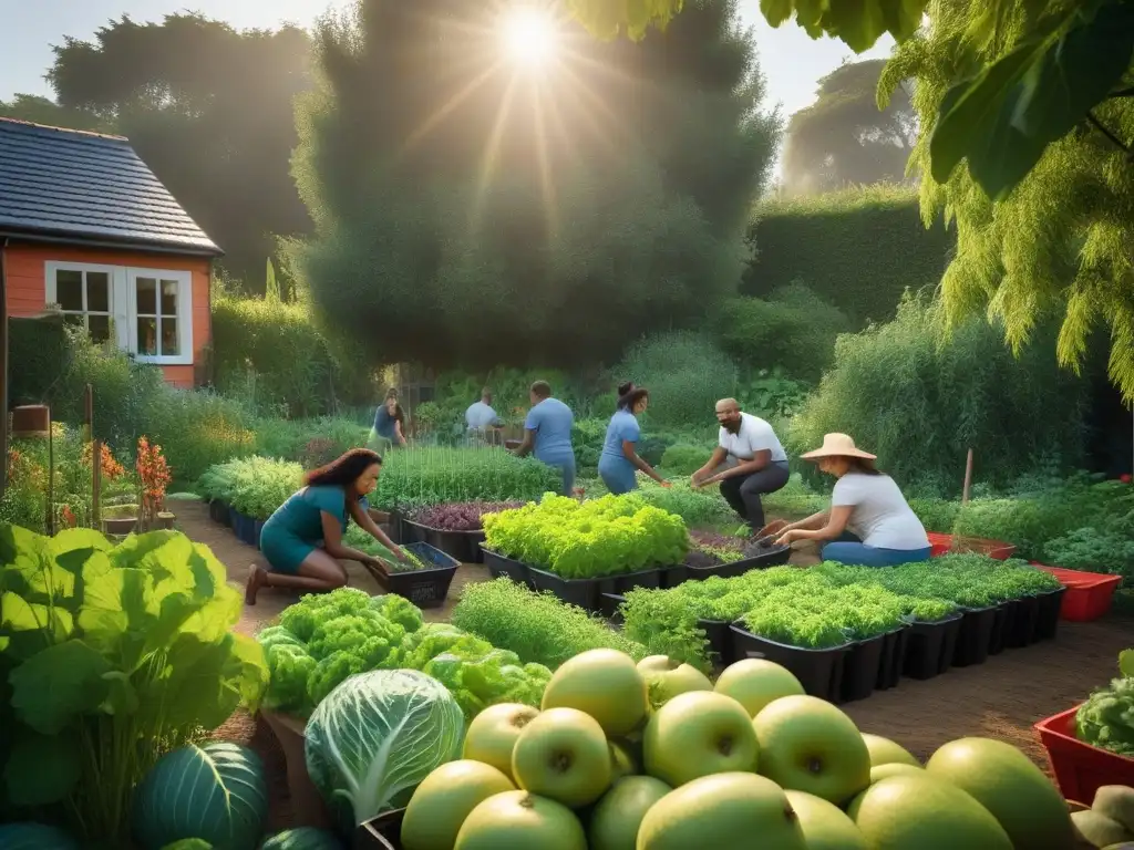 Un jardín vegano rebosante de vida, donde la comunidad cultiva cocina vegana en casa entre frutas y verduras coloridas