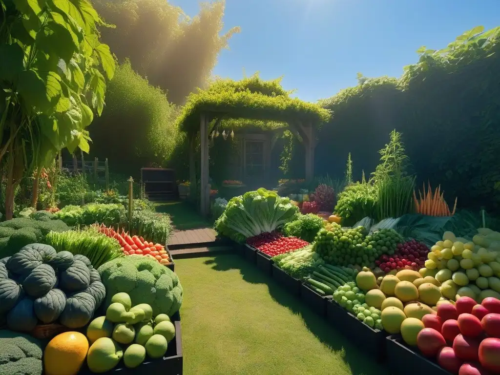 Un jardín vegano rebosante de vida con frutas y verduras, bajo un cielo azul brillante