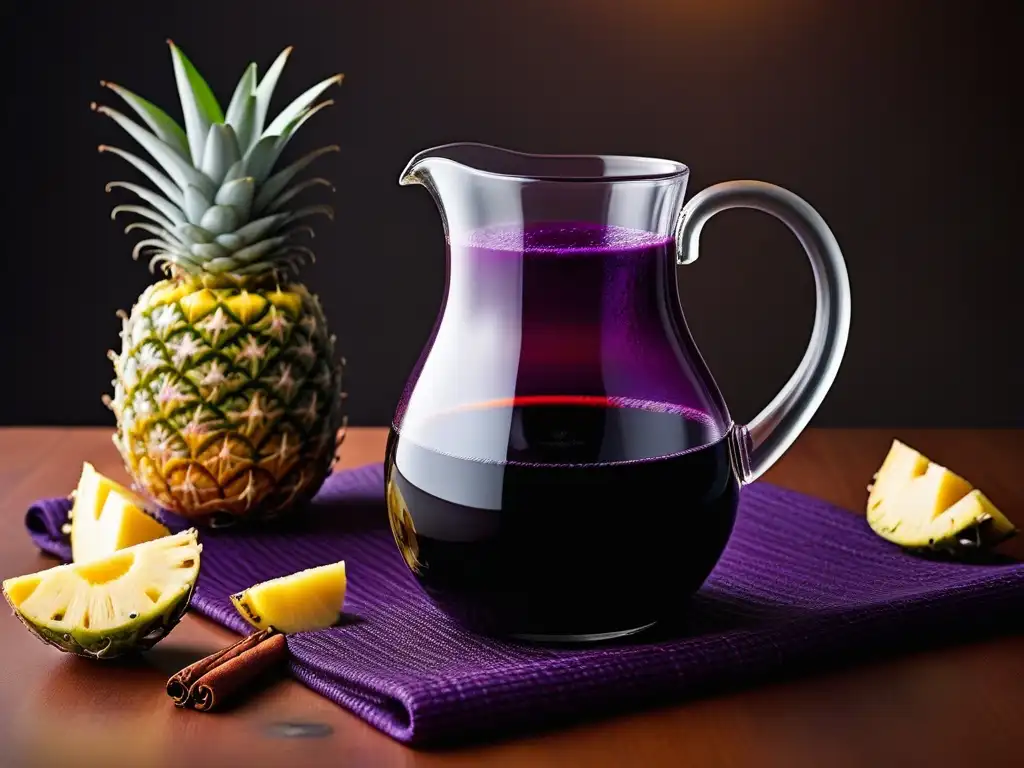 Chicha Morada: Elegancia Andina en Vaso de Cristal Una jarra de vidrio vibrante llena de Chicha Morada, decorada con piña fresca y canela