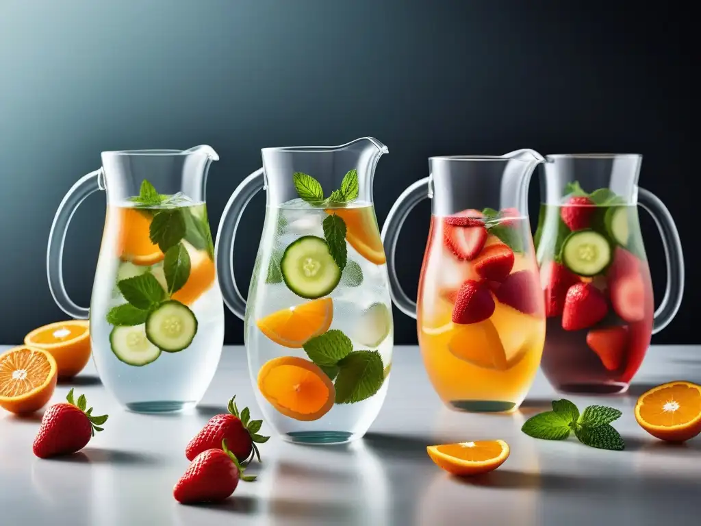 Jarros de agua infusionada con frutas, frescura y color en mesa minimalista