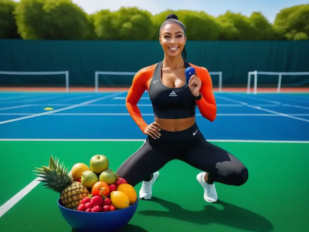 Un joven atleta vegano enérgico y radiante, en pista verde rodeado de naturaleza, sosteniendo frutas y verduras frescas