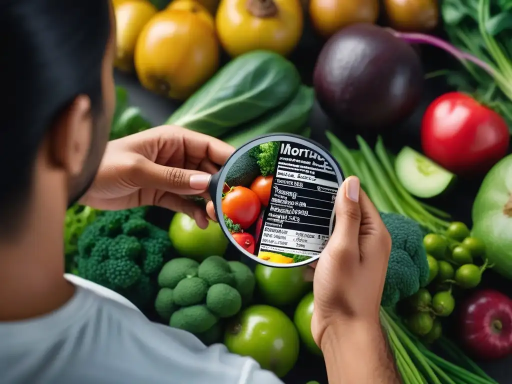 Joven examina detenidamente la etiqueta de un suplemento vegano entre frutas y verduras