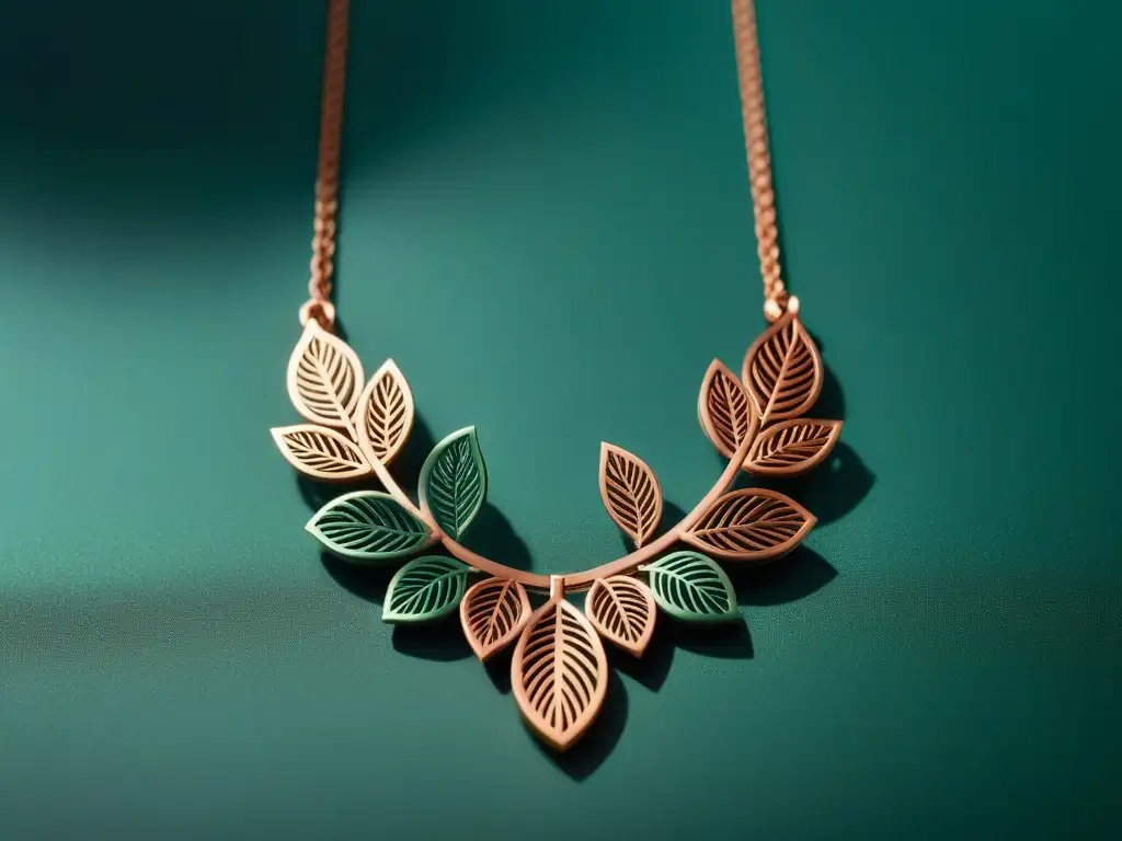 Una joyería vegana sostenible: collar moderno con formas geométricas y detalles naturales en colores tierra y verde musgo