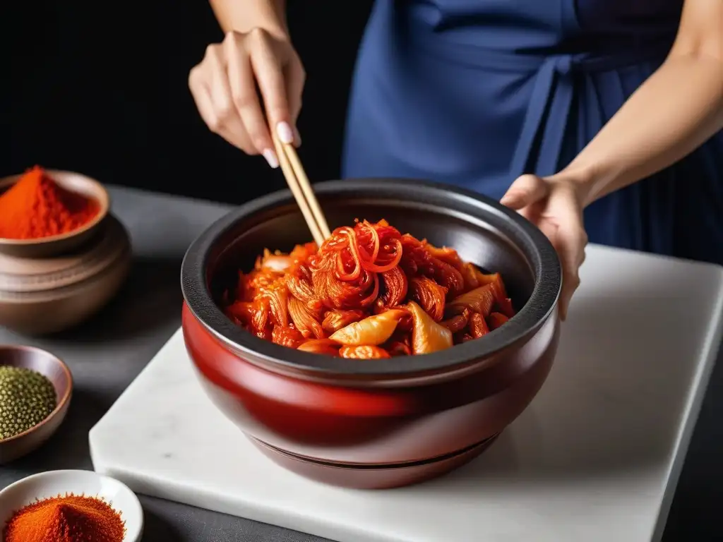 Preparando kimchi rojo en olla de fermentación, burbujeante y delicioso