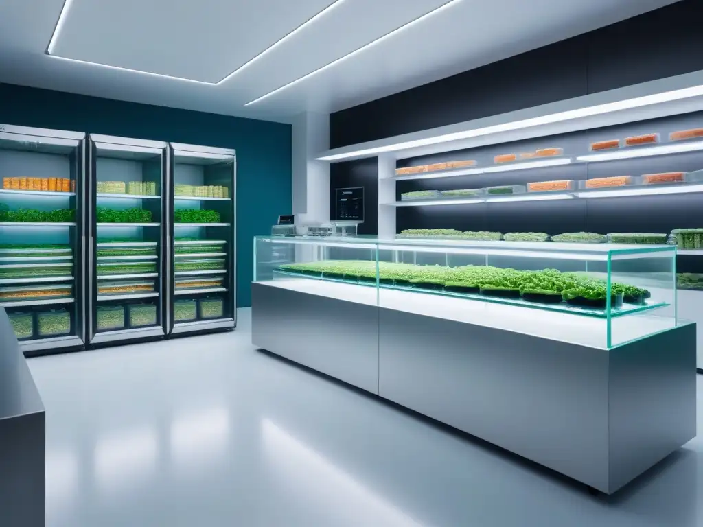 Laboratorio de alimentos basados en plantas con tecnología avanzada y ingredientes innovadores en un ambiente futurista