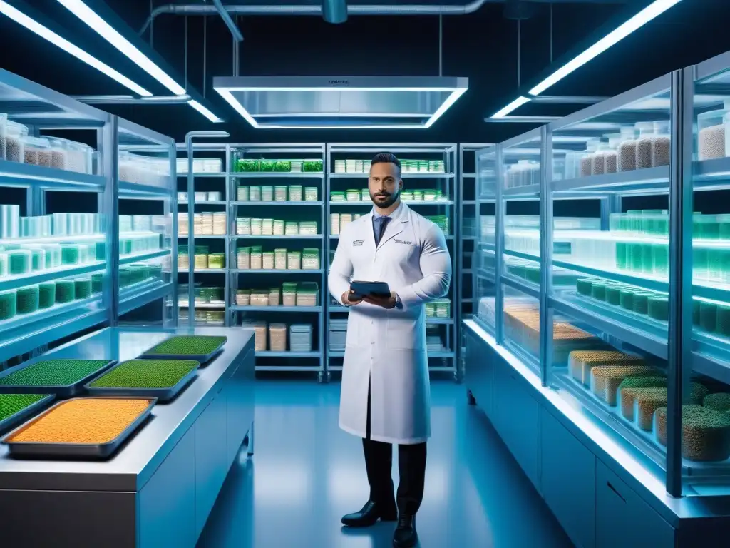 Un laboratorio de alimentos futurista con equipos de última generación, científicos analizando datos y productos veganos innovadores