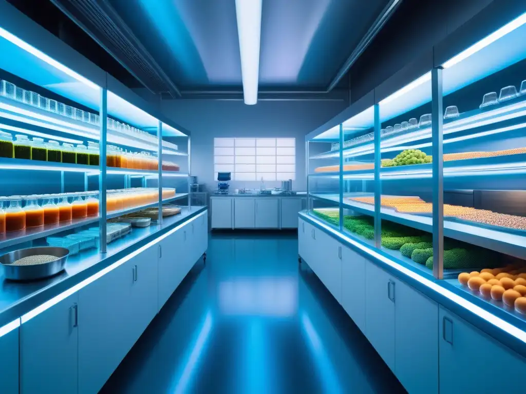 Un laboratorio de alimentos innovadores veganos con tecnología avanzada y científicos trabajando en ingredientes vegetales