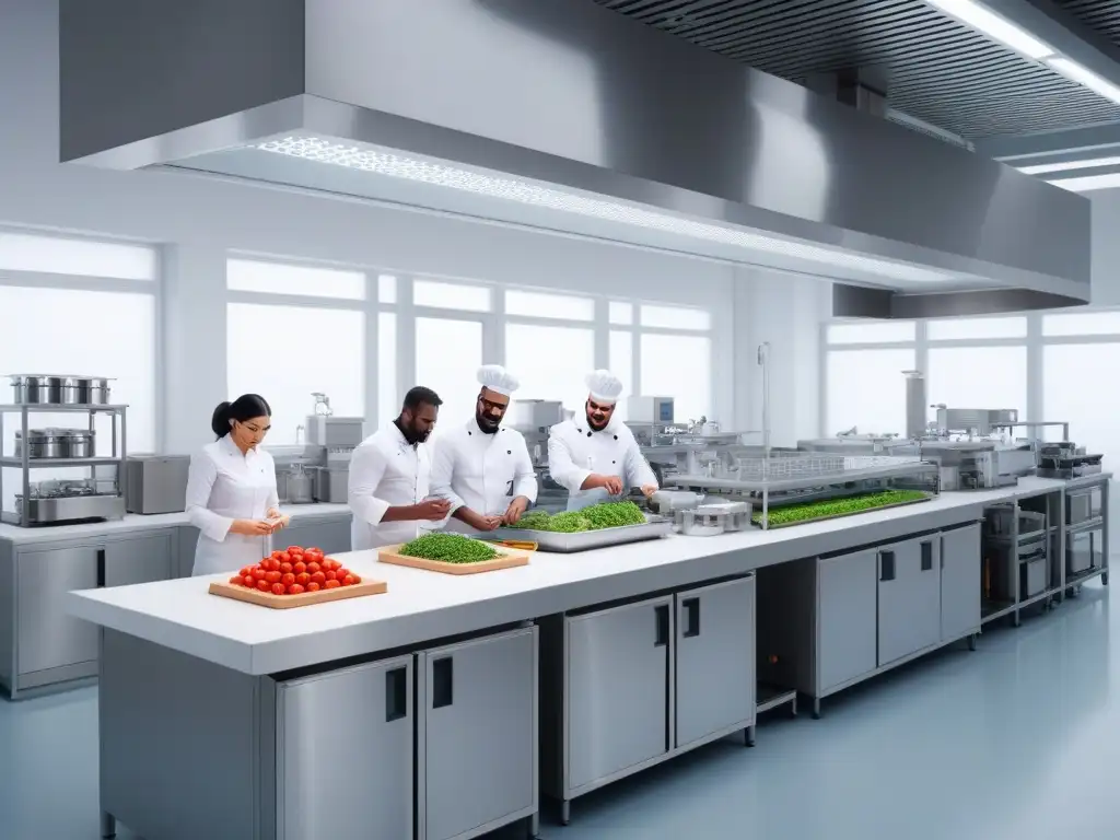 Un laboratorio de investigación de alimentos moderno y vibrante con científicos y chefs colaborando en el desarrollo de alimentos veganos innovadores