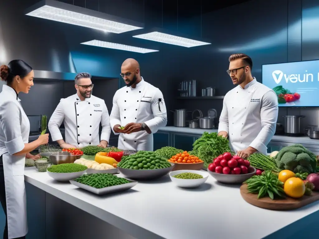 Un laboratorio de cocina futurista con expertos en nutrición vegana, colaborando en la certificación en nutrición vegana futura