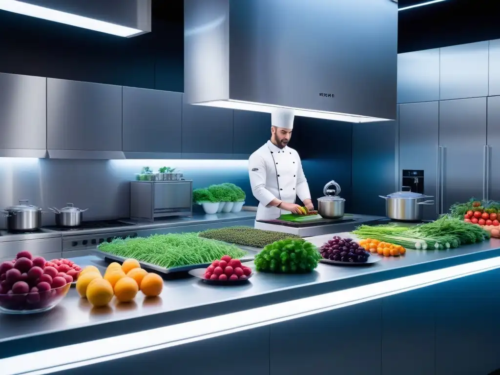 Un laboratorio de cocina futurista con inteligencia artificial creando platos veganos