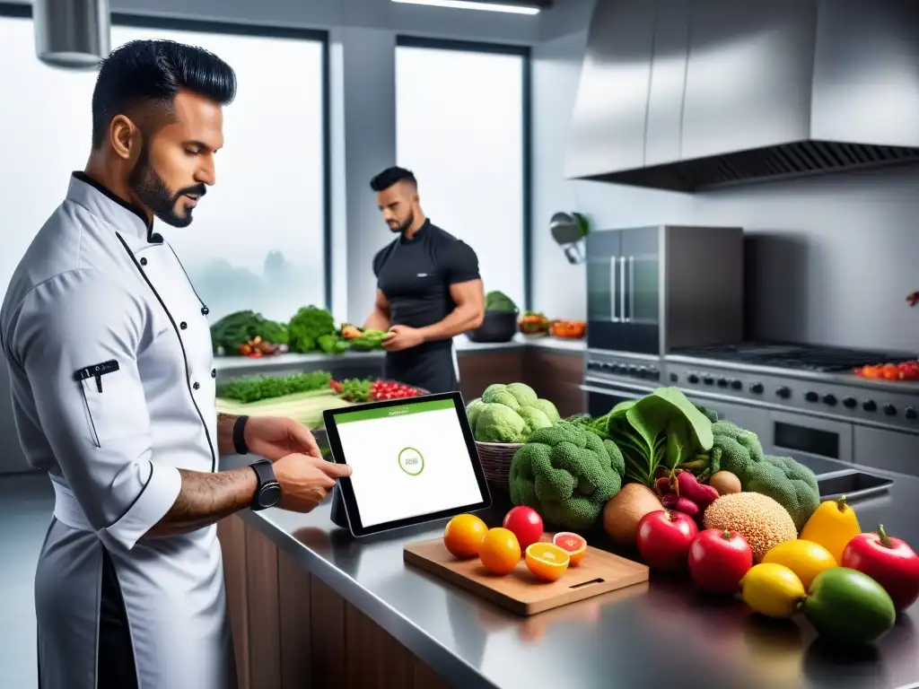 Un laboratorio de cocina vegana futurista con chef, nutricionista, agricultor y entrenador fitness colaborando