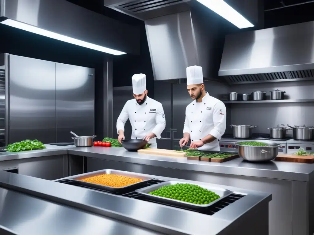 Un laboratorio culinario vegano futurista lleno de innovaciones tecnológicas en cocina vegana