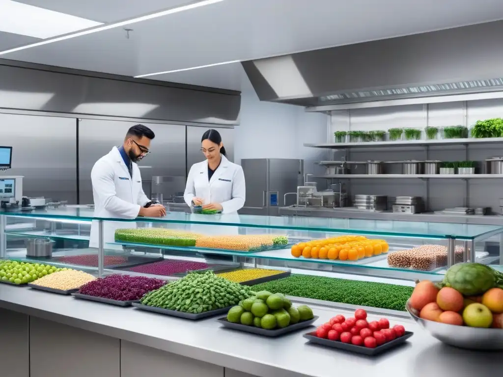 Un laboratorio de innovación en empresas alimentarias veganas con científicos trabajando en experimentos de alimentos a base de plantas