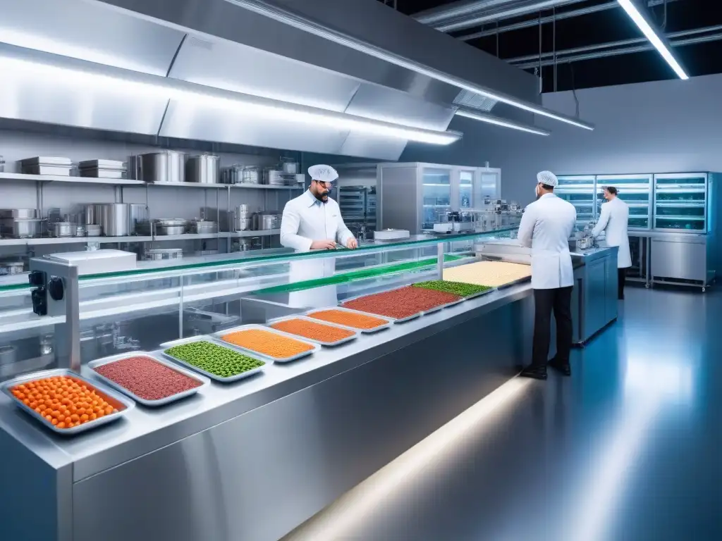 Un laboratorio futurista de alimentos veganos con innovaciones en proteínas vegetales