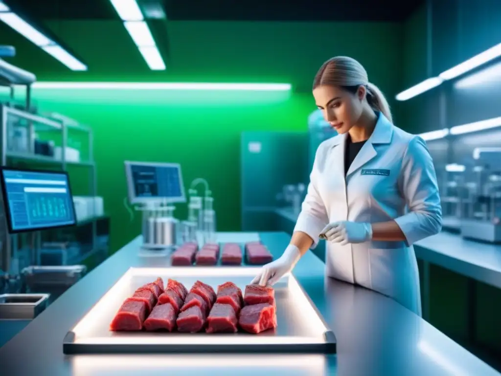 Un laboratorio futurista con bioreactores avanzados cultivando carne, científicos monitoreando el proceso