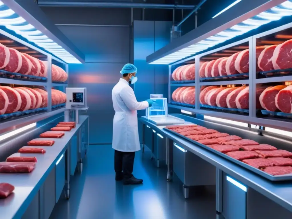 Un laboratorio futurista donde se cultivan células de carne bajo condiciones estériles