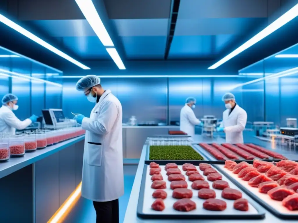 Un laboratorio futurista donde científicos cultivan carne en bioreactores