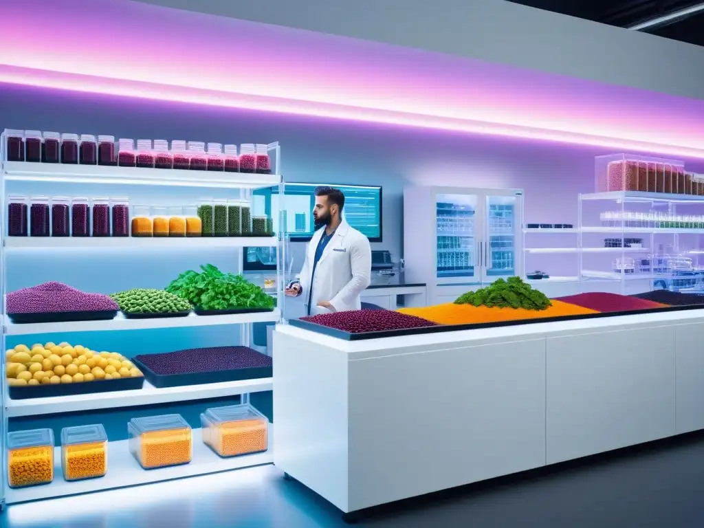 Un laboratorio futurista de superalimentos veganos, científicos analizan alimentos ricos en nutrientes bajo luces LED brillantes