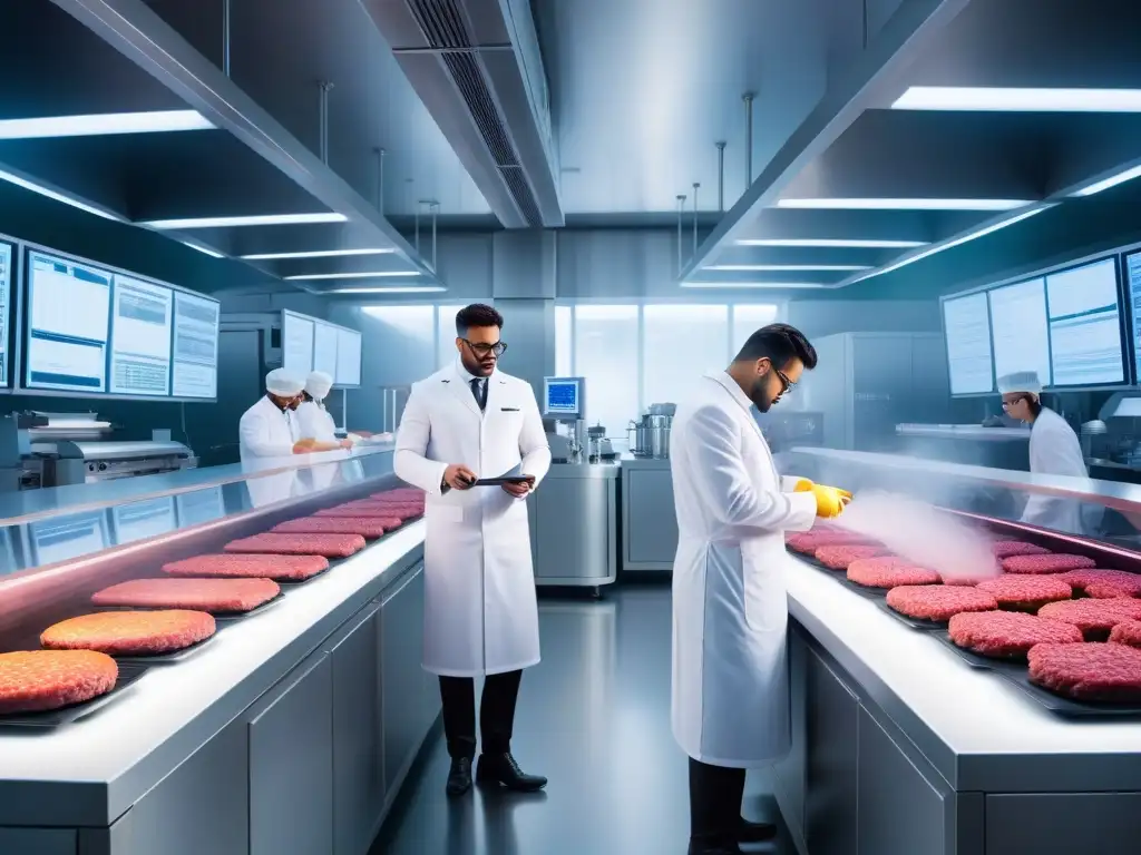 Un laboratorio futurista y vibrante creando hamburguesas veganas innovadoras y deliciosas