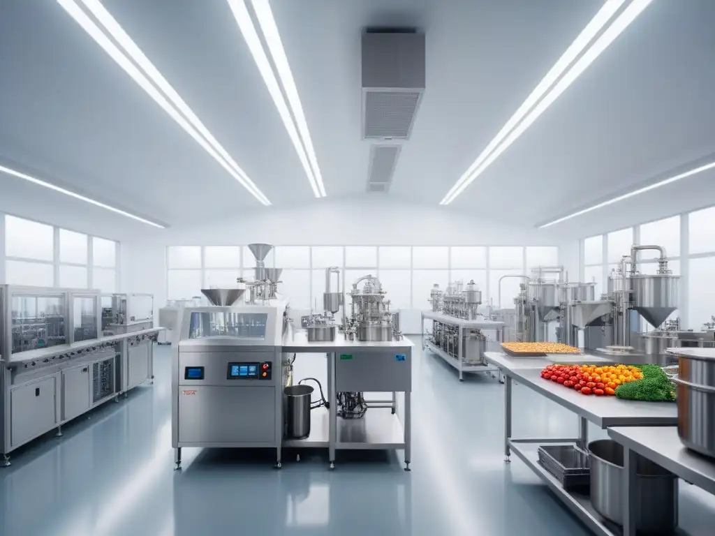 Laboratorio de tecnología alimentaria vegana sostenible en 8k, con maquinaria de alta tecnología y ingredientes coloridos