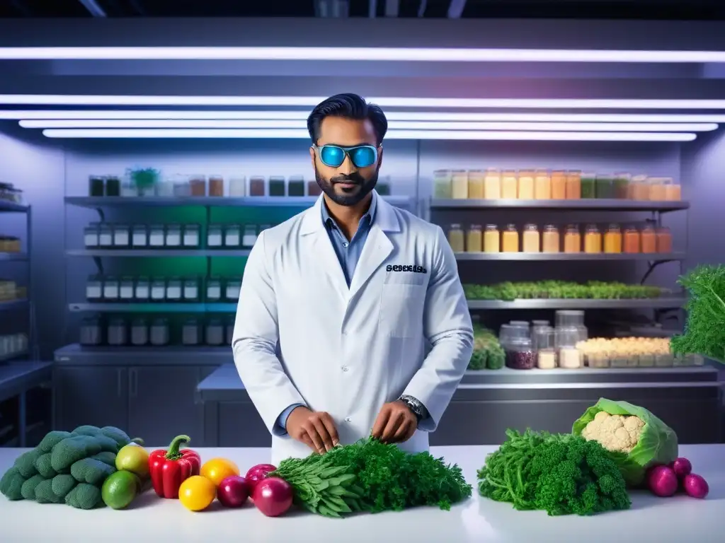 Un laboratorio vibrante y futurista de alimentos veganos innovadores, con un equipo diverso de científicos trabajando bajo luces neón brillantes